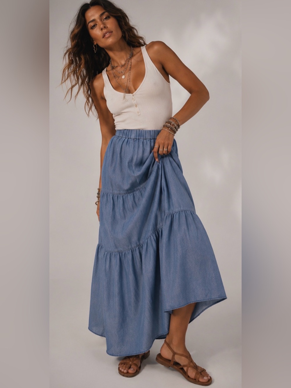 Tiered Chambray Medium Blue Midi Skirt - Picture 3 of 16